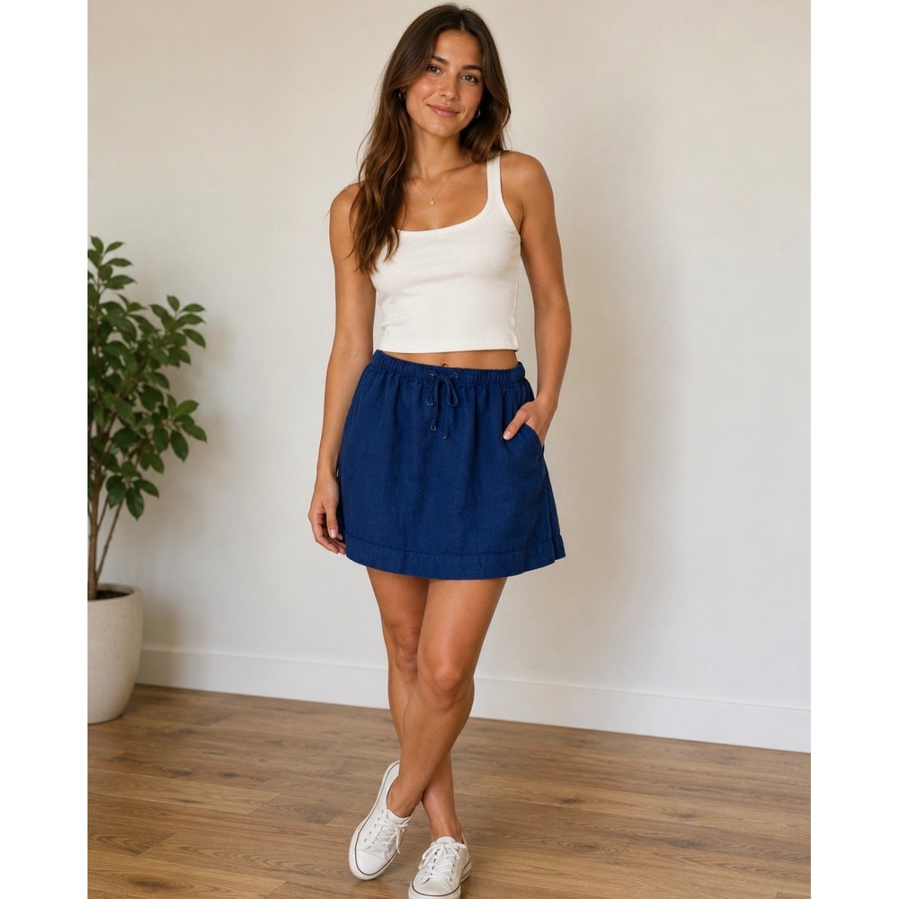 C&C California Navy Blue 100% Linen Drawstring Elastic Waist Mini Skirt Womens L